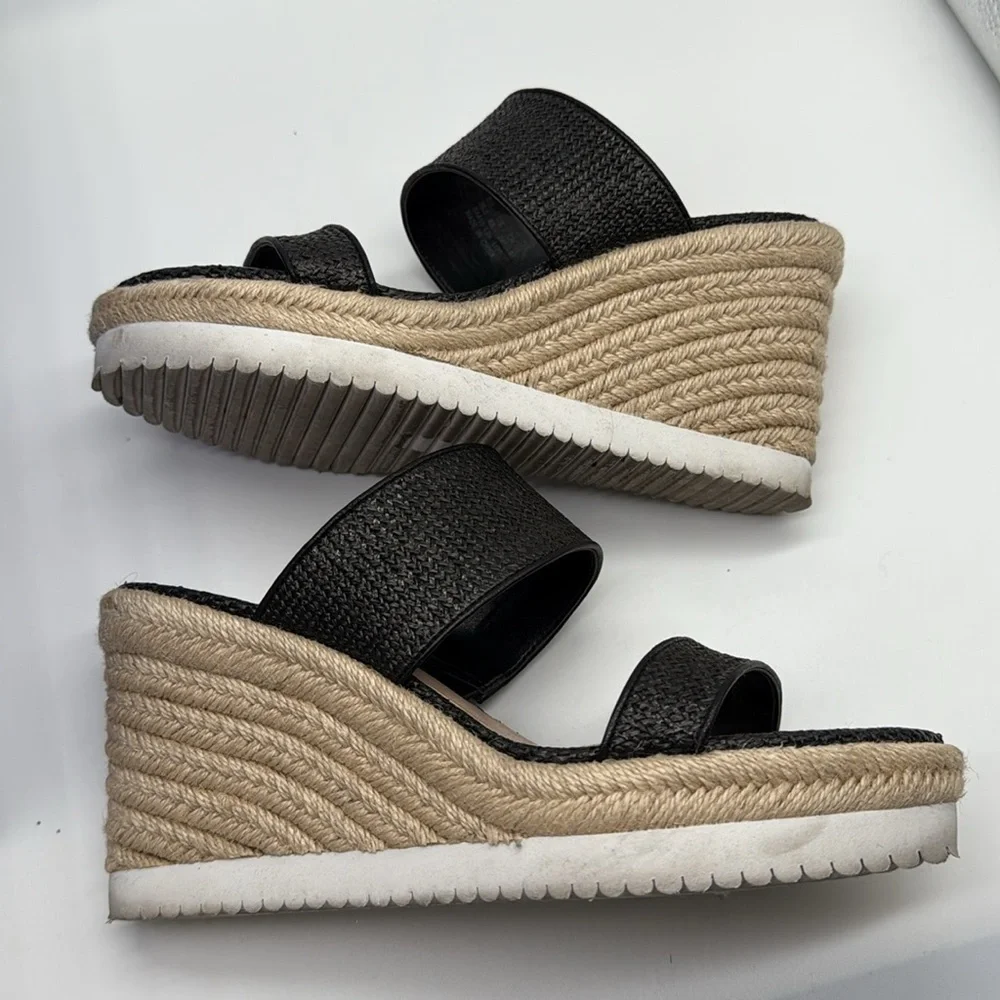 Stuart Weitzman Mykonos Two-Strap Wedge Sandals Herringbone Raffia & Black 38.5 - Picture 8 of 12